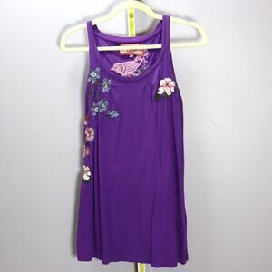 Johnny Was LA Purple Embroidered Sleeveless Tunic Dress Bird Floral XS